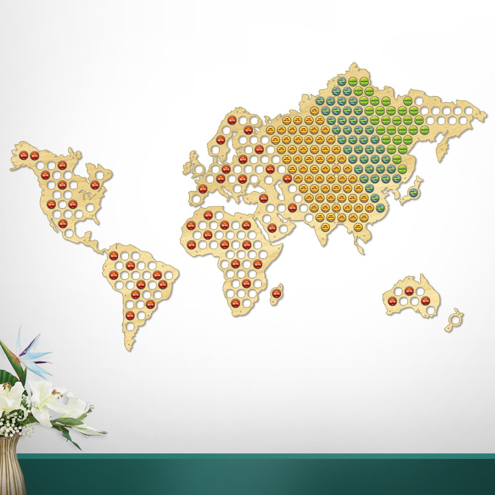 Creative Wooden Crafts World Map Bottle Cap Map Handmade Hanging Map Of The World Modern Lovers by Woody Signs Co. - Handmade Crafted Unique Wooden Creative