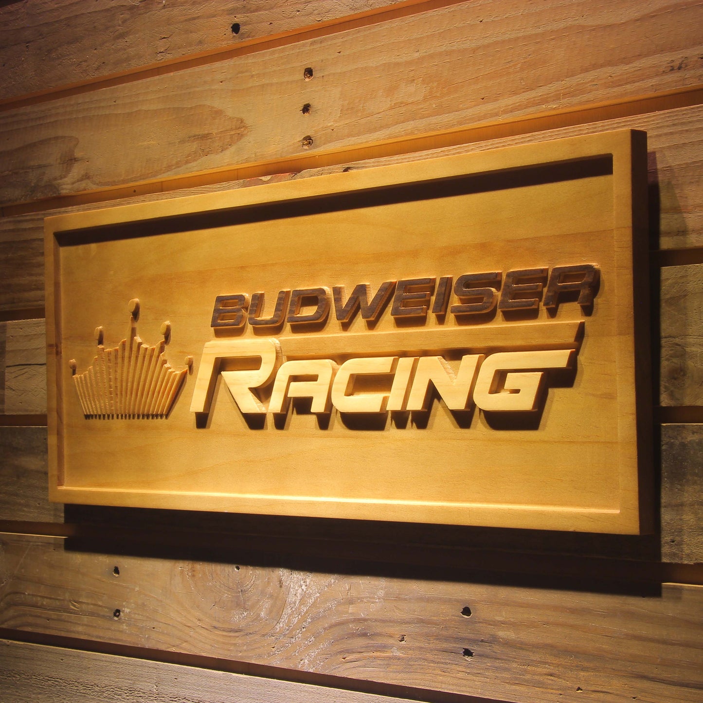 Budweiser Racing Car 3D Wooden Bar Signs by Woody Signs Co. - Handmade Crafted Unique Wooden Creative