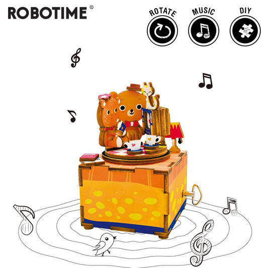 DIY Cute Bear 3D Wooden Puzzle Game Assembly Rotatable Music Box Toy Gift for Children Adult AM310 by Woody Signs Co. - Handmade Crafted Unique Wooden Creative