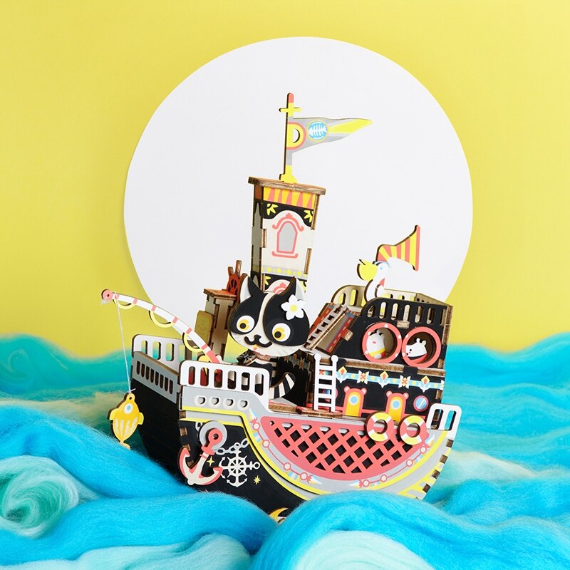 New Arrival DIY 3D Fishing Kitty Wooden Puzzle Game Assembly Moveable Music Box Toy Gift for Children Kids Adult AMD42 (Fishing Kitty) by Woody Signs Co. - Handmade Crafted Unique Wooden Creative