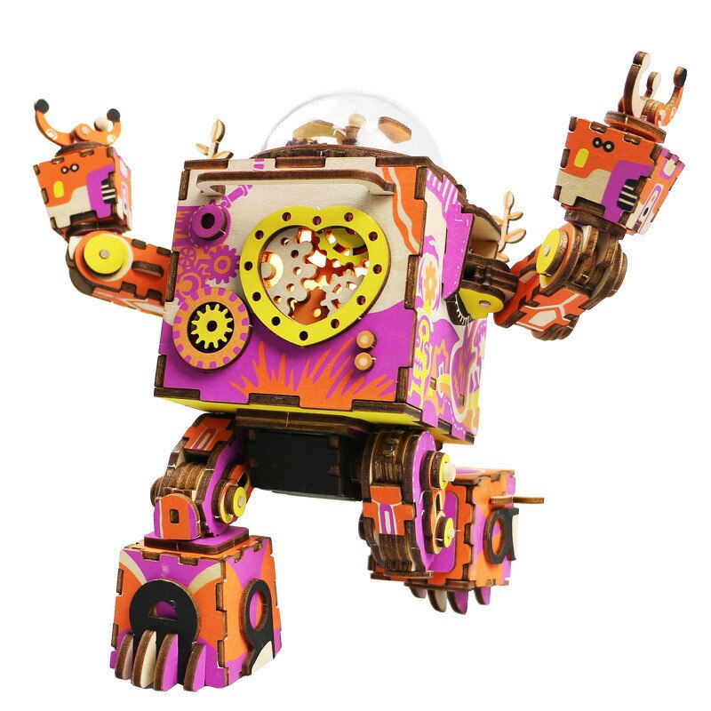 Limited Edition Colorful Robot Wooden DIY 3D Puzzle Game Steampunk Music Box Toy Gift for Children Lover Friends by Woody Signs Co. - Handmade Crafted Unique Wooden Creative