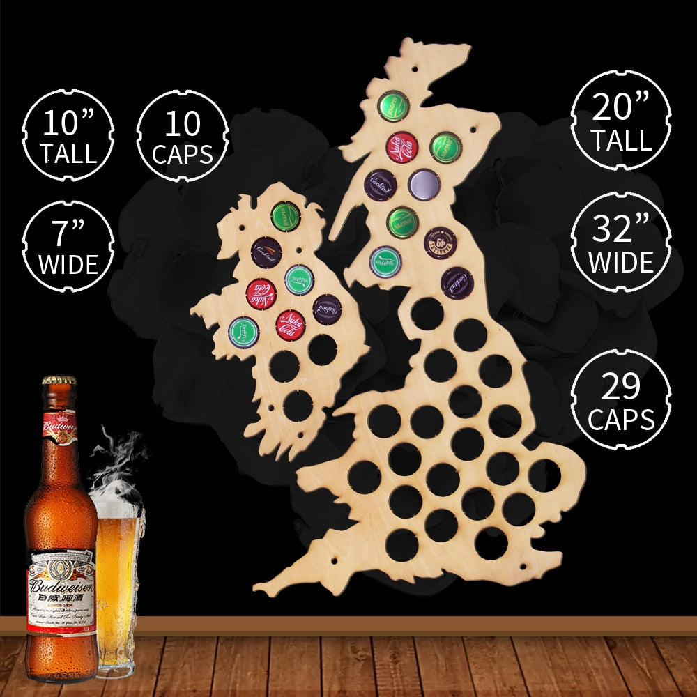 UK Cap Map Bottle Cap Holder Collection Art United Kingdom Cap Map Display Great Britain Wood Map Lover by Woody Signs Co. - Handmade Crafted Unique Wooden Creative