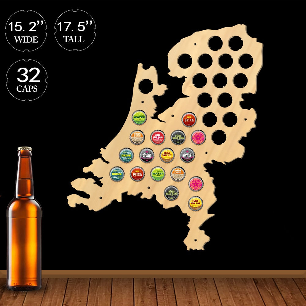 Netherlands Cap Map Patriotic Wooden Wall Sign Map Of Holland Bottle Cap Display Holder Dutch Man Cave Lover by Woody Signs Co. - Handmade Crafted Unique Wooden Creative
