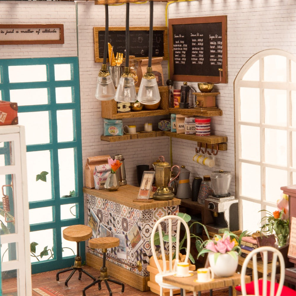 DIY Simon's Coffee with Furnitures Miniature Wooden Doll House Model DG109 by Woody Signs Co. - Handmade Crafted Unique Wooden Creative