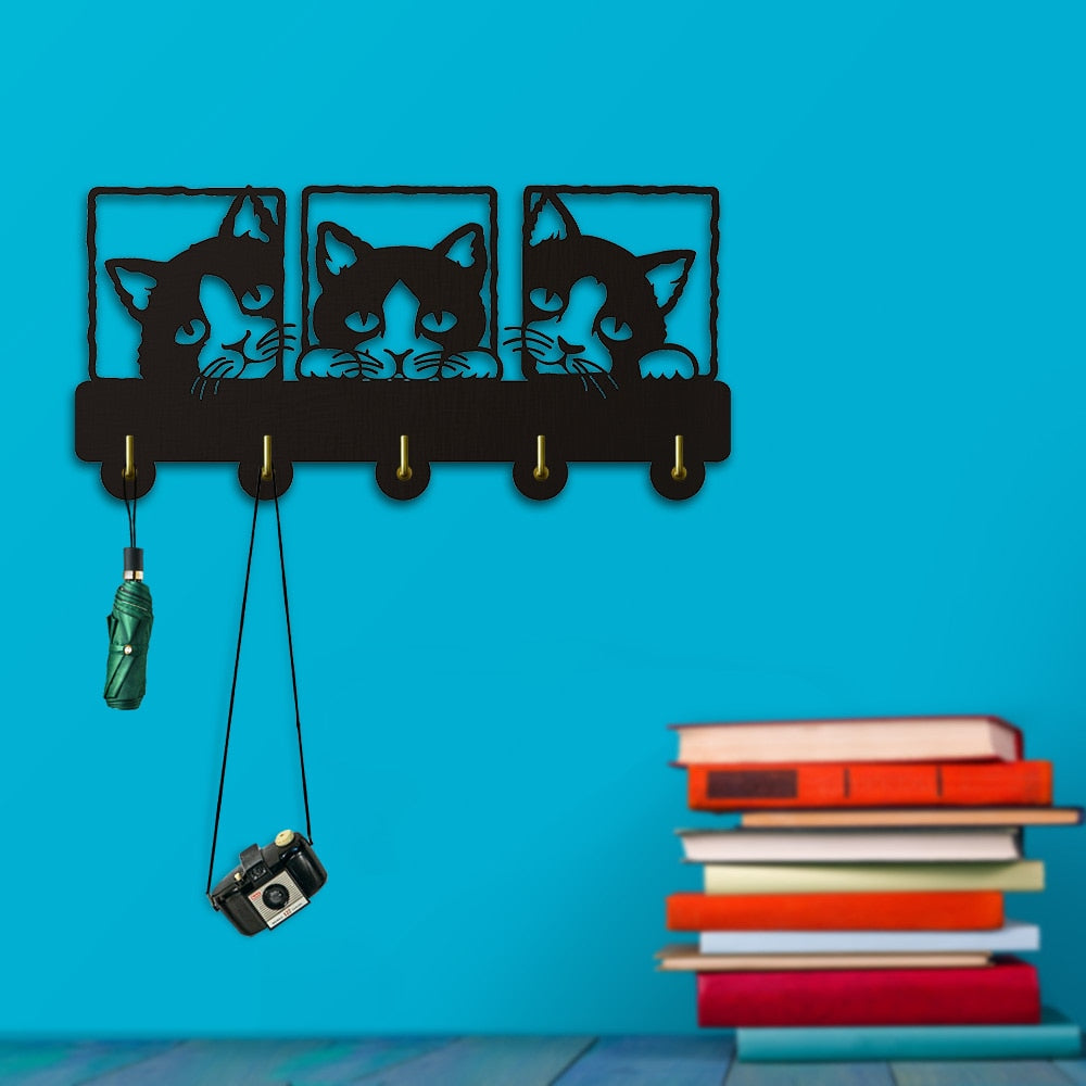 Peeping Cat 3D Hook Rails Triple With Lovley Cat Theme Clothing Hook Rack Hanger Decoration by Woody Signs Co. - Handmade Crafted Unique Wooden Creative