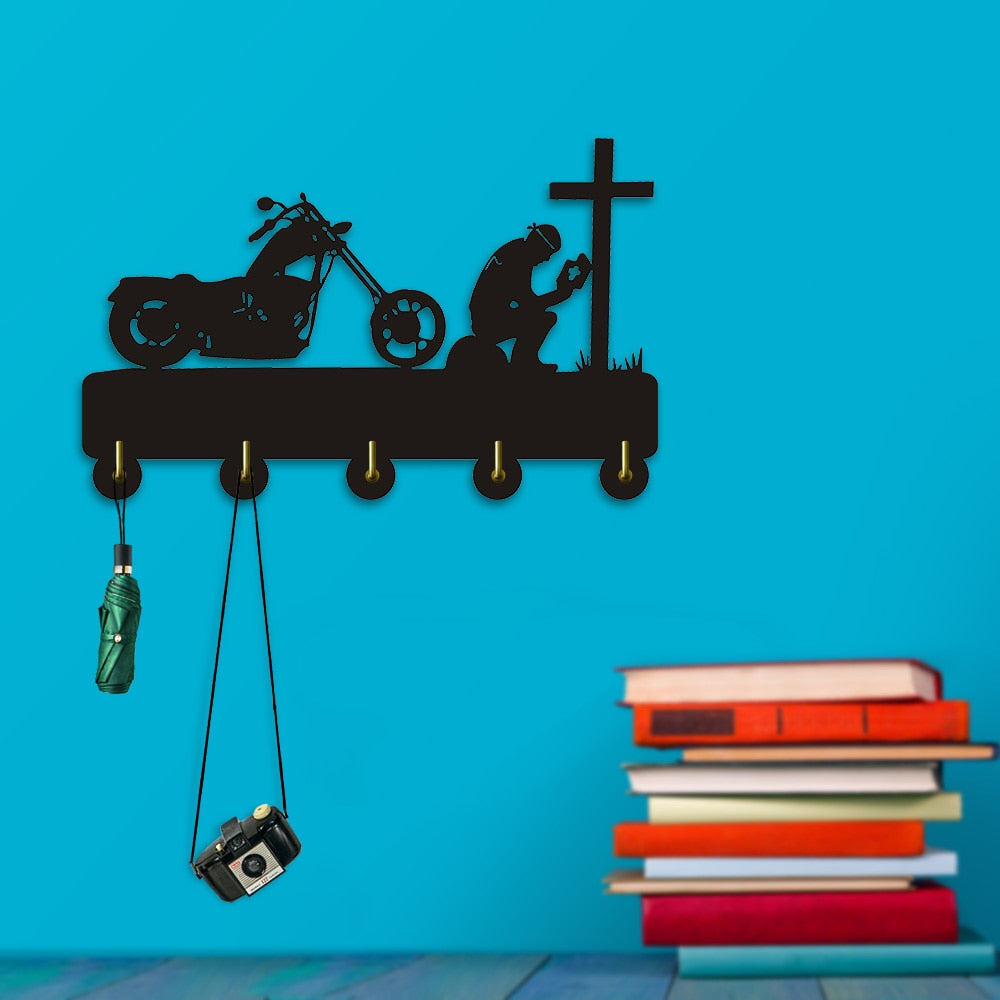 Biker Praying At Cross Motorcycle Wall Hook For Clothes Bag Keyring Creative Hanger Motorbike Riders Motorcyclist by Woody Signs Co. - Handmade Crafted Unique Wooden Creative