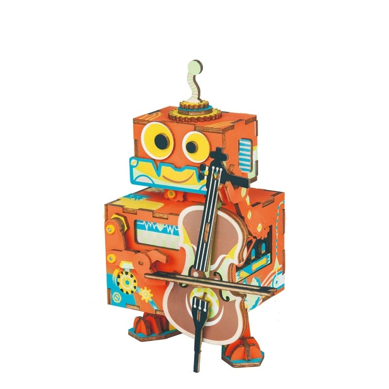 DIY 3D Little Robot Performer Wooden Puzzle Game Assembly Moveable Music Box Toy Gift for Children Kids Adult AMD53 by Woody Signs Co. - Handmade Crafted Unique Wooden Creative