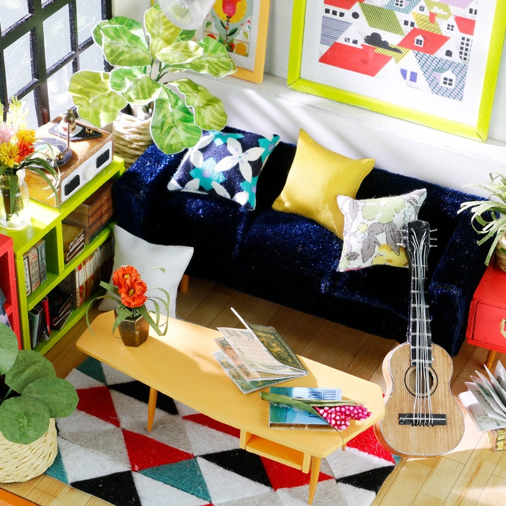 DIY Locus Sitting Room with Furniture Miniature Wooden Doll House DG106 by Woody Signs Co. - Handmade Crafted Unique Wooden Creative