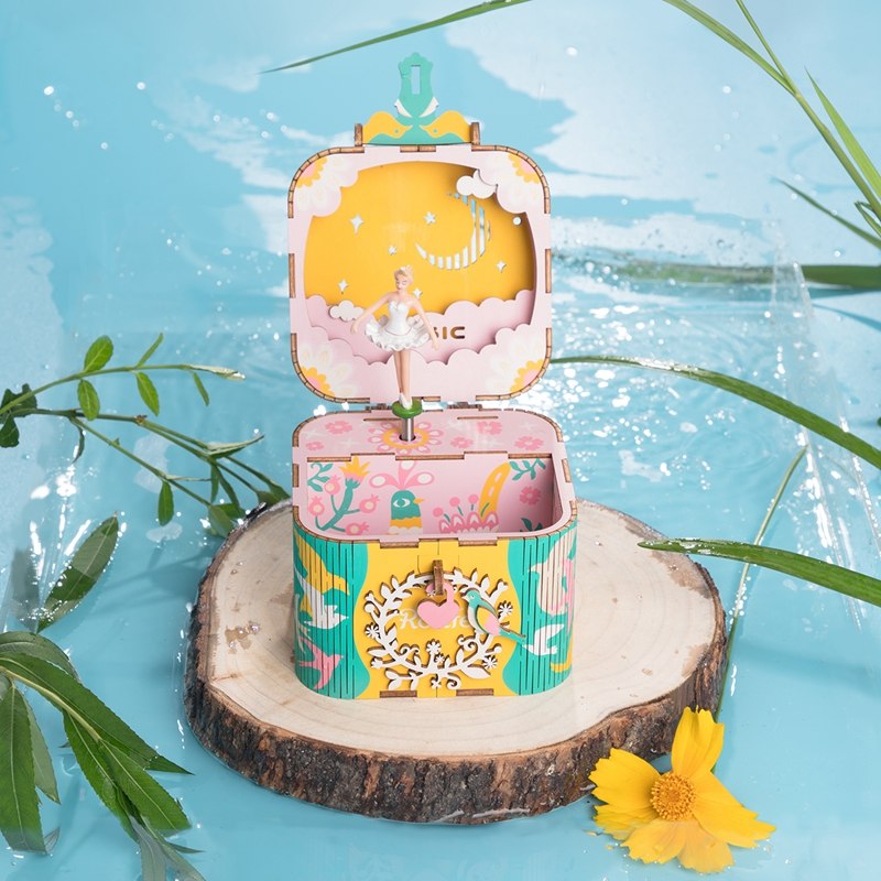 DIY 3D Rotatable Dancing Ballerma Wooden Puzzle Game Assembly Music Box Toy Gift for Children Kids Adult AMD52 by Woody Signs Co. - Handmade Crafted Unique Wooden Creative