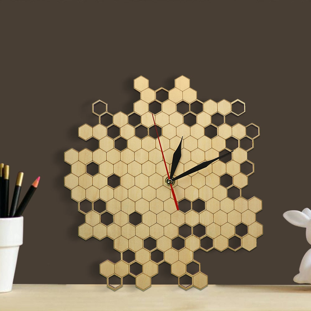 Honeycomb Nature Inspired Wooden Wall Clock Contemporary Style Laser Engraved Hexagonal Clock Bamboo Bee by Woody Signs Co. - Handmade Crafted Unique Wooden Creative