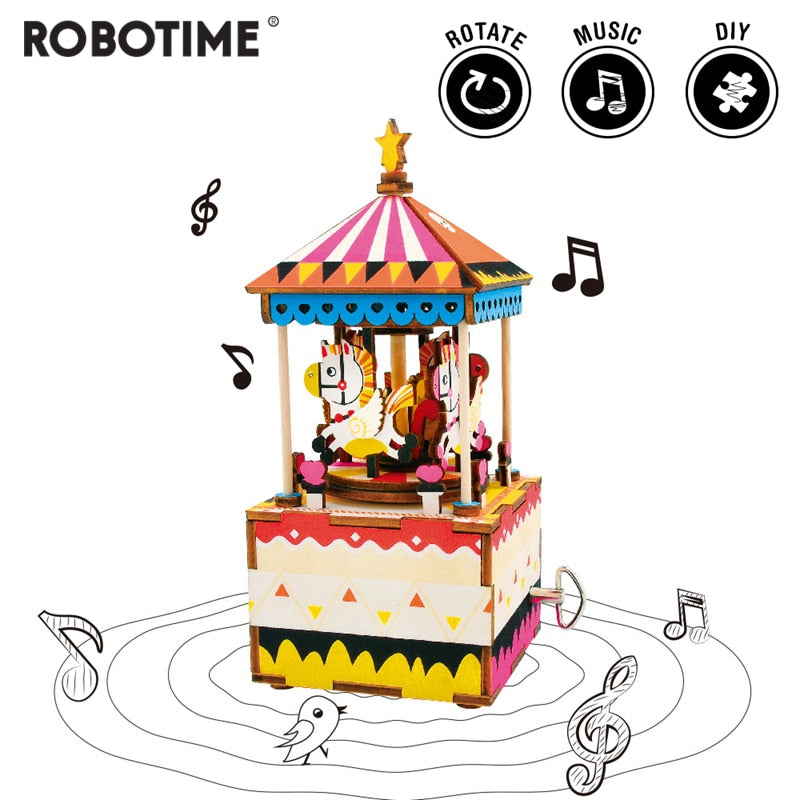 DIY Merry-go-round 3D Wooden Puzzle Game Assembly Rotatable Music Box Toy Gift for Children Adult AM304 by Woody Signs Co. - Handmade Crafted Unique Wooden Creative