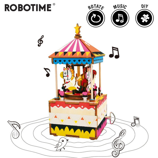 DIY Merry-go-round 3D Wooden Puzzle Game Assembly Rotatable Music Box Toy Gift for Children Adult AM304 by Woody Signs Co. - Handmade Crafted Unique Wooden Creative