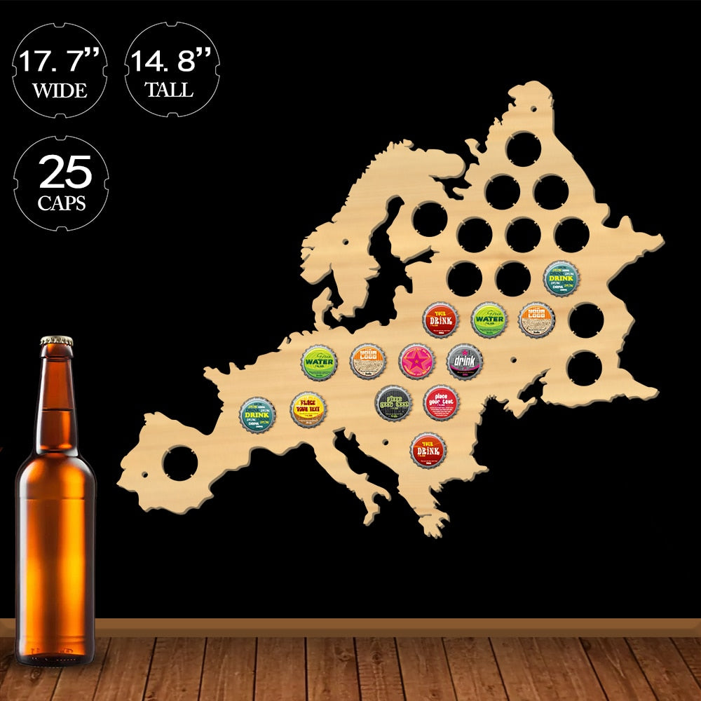 European Cap Map Pub Bar Wooden Wall Sign Bottle Cap Display Holder Euro Wood Map Cap Catcher Man Cave Lover Gift by Woody Signs Co. - Handmade Crafted Unique Wooden Creative