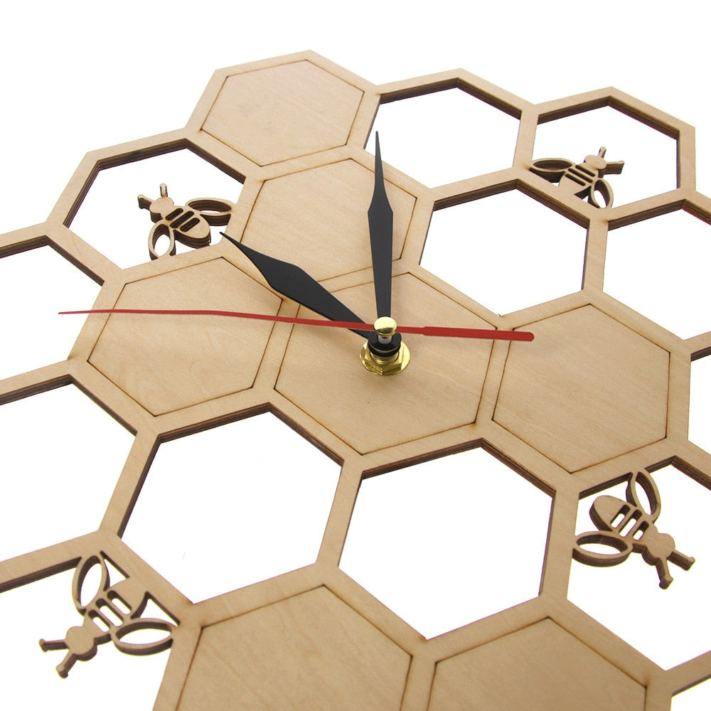 Bees and Honeycomb Natural Wooden Wall Clock Hexagon Wall Art Wood Bee Honey Contemporary Clock Watch Home Living Room Decor by Woody Signs Co. - Handmade Crafted Unique Wooden Creative