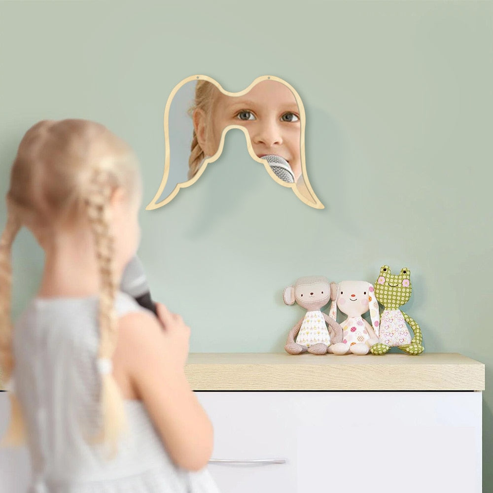Fantasy Open Angel Wing Wall Mirror Home Ornament Children Baby Room Nursery Safety Acylic Mirror With Wooden Back by Woody Signs Co. - Handmade Crafted Unique Wooden Creative