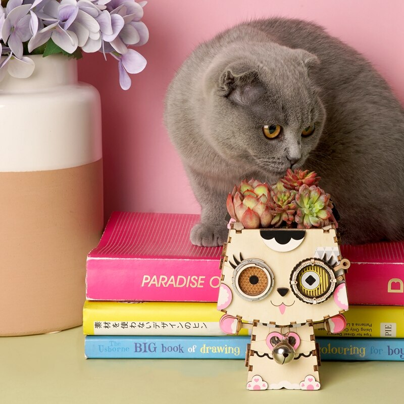 Children Adult Cute Kitty Flower Pot 3D Wooden Puzzle Game Educational Models    FT731 (Pot Kitty) by Woody Signs Co. - Handmade Crafted Unique Wooden Creative
