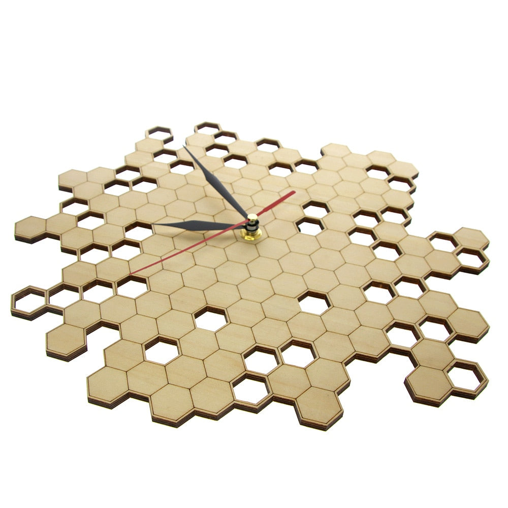 Honeycomb Nature Inspired Wooden Wall Clock Contemporary Style Laser Engraved Hexagonal Clock Bamboo Bee by Woody Signs Co. - Handmade Crafted Unique Wooden Creative