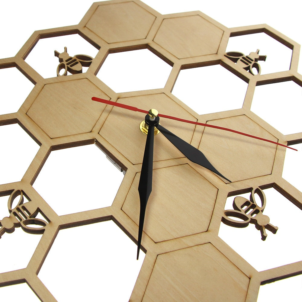 Bees and Honeycomb Natural Wooden Wall Clock Hexagon Wall Art Wood Bee Honey Contemporary Clock Watch Home Living Room Decor by Woody Signs Co. - Handmade Crafted Unique Wooden Creative