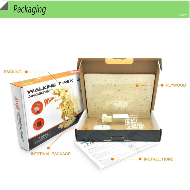 Creative DIY 3D Walking T-rex Wooden Puzzle Game Assembly Sound Control Dinosaur Toy Gift for Children Adult D210 by Woody Signs Co. - Handmade Crafted Unique Wooden Creative