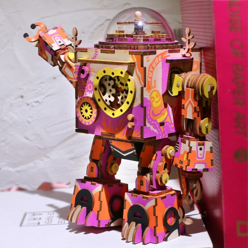 Limited Edition Colorful Robot Wooden DIY 3D Puzzle Game Steampunk Music Box Toy Gift for Children Lover Friends by Woody Signs Co. - Handmade Crafted Unique Wooden Creative