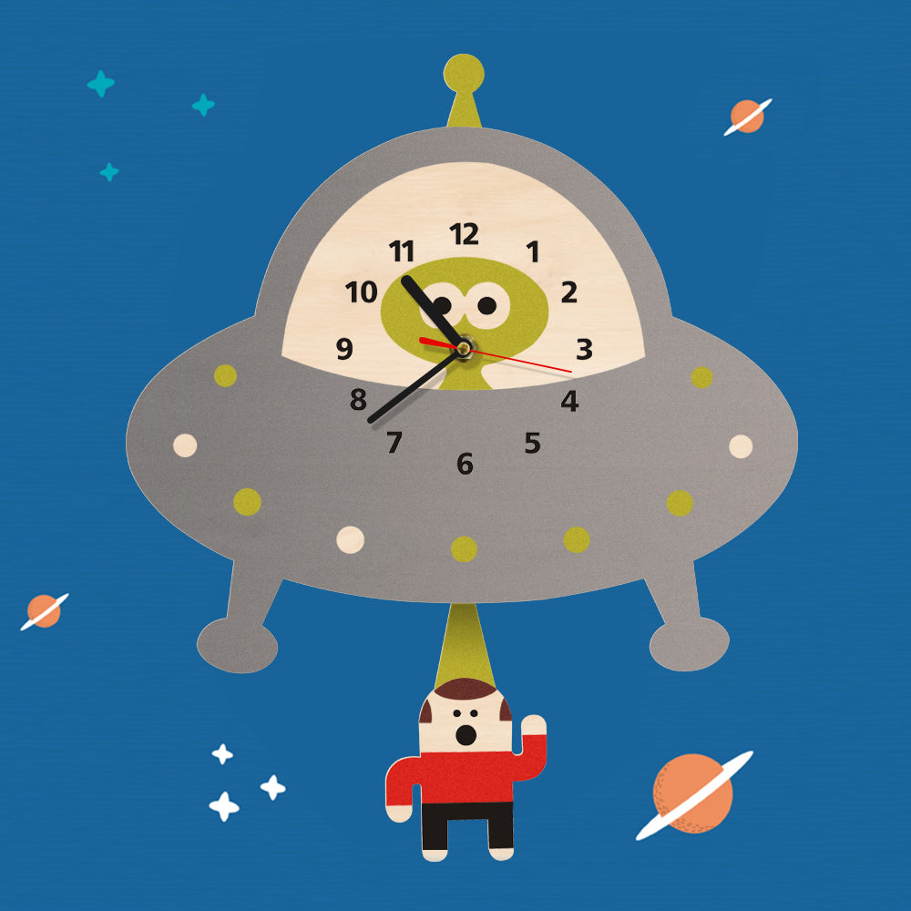 Alien Abduction Wall Clock Flying Saucer Outer Space UFO Abducting Pendulum Wooden Wall Clock Kid Room Decoration Geek Gift by Woody Signs Co. - Handmade Crafted Unique Wooden Creative