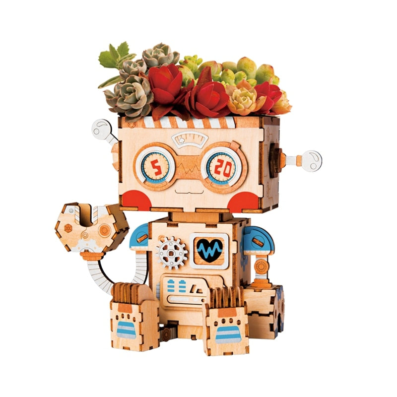 3D Wooden Robot Puzzle Game Creative Flower Pot Storage Box Penholder Models for Children Adult FT761 by Woody Signs Co. - Handmade Crafted Unique Wooden Creative