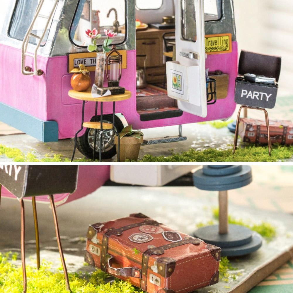 DIY Happy Camper with Furniture Miniature Wooden Doll House Model DGM04 by Woody Signs Co. - Handmade Crafted Unique Wooden Creative