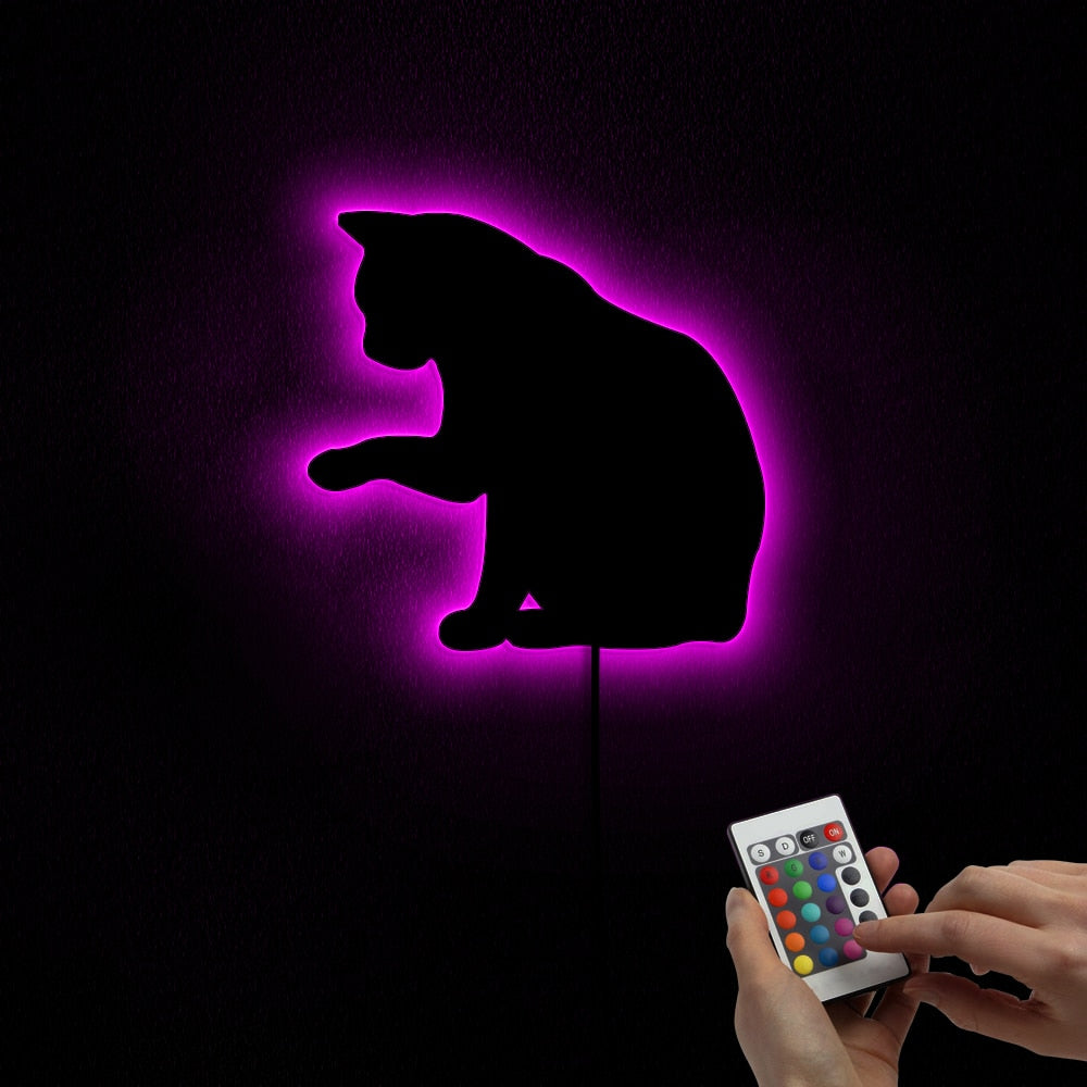 Relaxed Cat Wall Mirror With LED Blacklight Kitten Cat Sitting Silhouette Mirror Girl Room Fashion Kitty Lovers Gift by Woody Signs Co. - Handmade Crafted Unique Wooden Creative