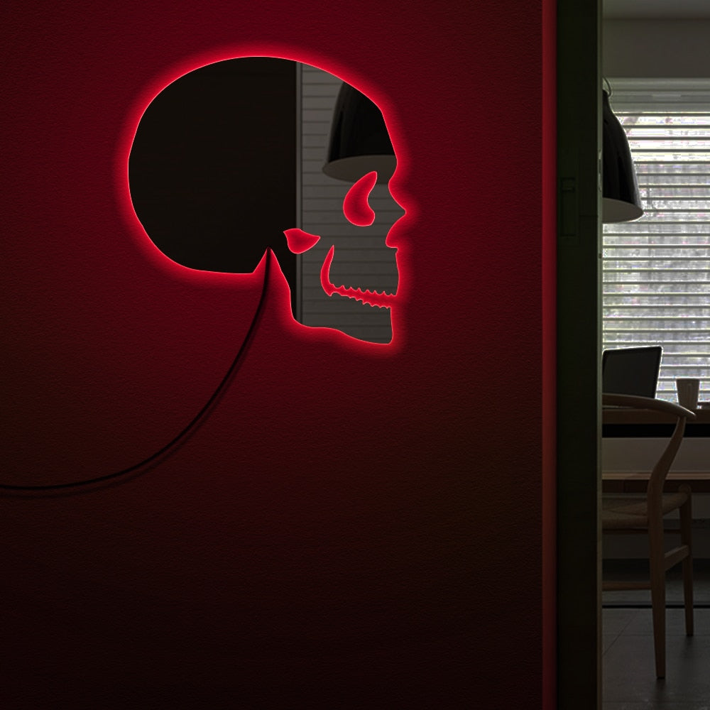 Skull Head Wall Mirror Day of The Dead Skeleton Head Acrylic Mirror With LED Lighting Halloween Horror Decor by Woody Signs Co. - Handmade Crafted Unique Wooden Creative