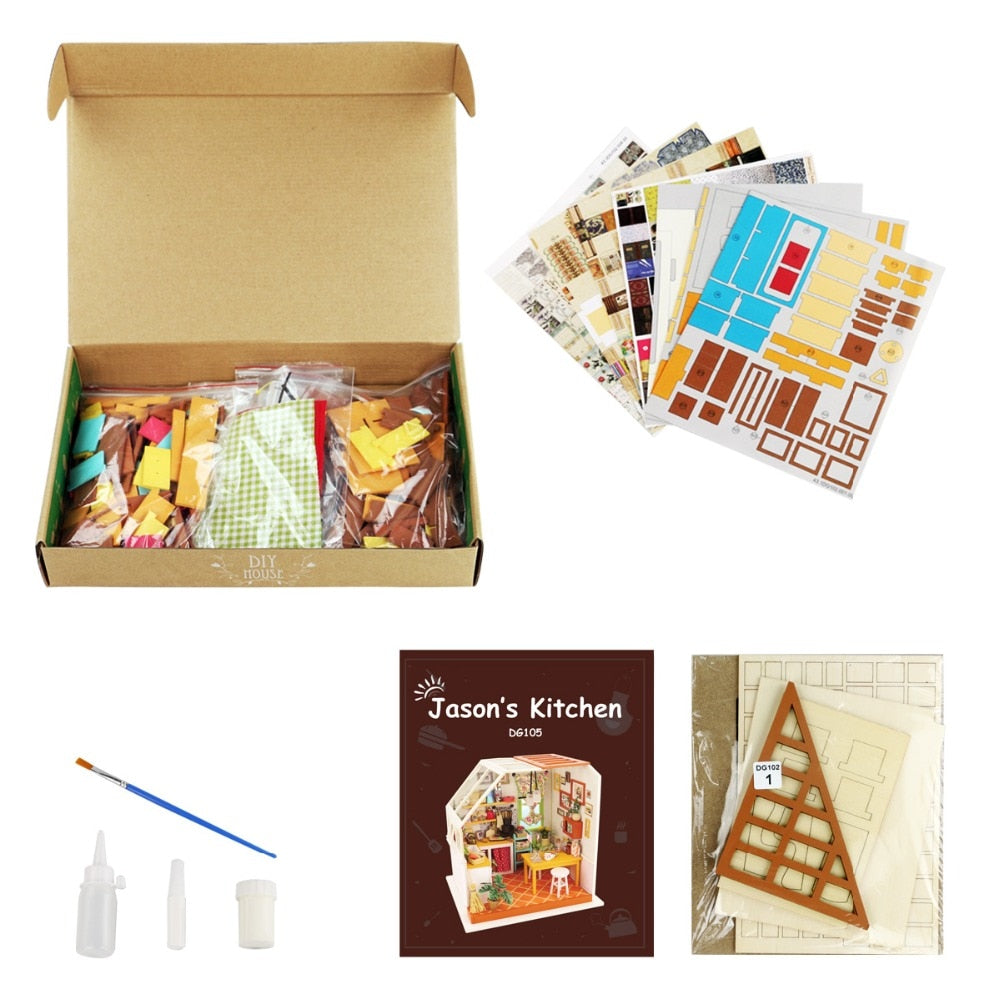 DIY Jason's Kitchen with Furniture Miniature Wooden Doll House Model DG105 by Woody Signs Co. - Handmade Crafted Unique Wooden Creative