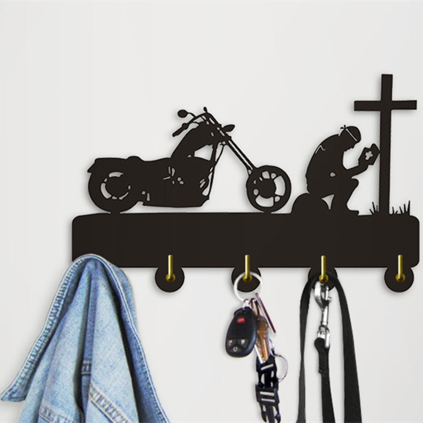 Biker Praying At Cross Motorcycle Wall Hook For Clothes Bag Keyring Creative Hanger Motorbike Riders Motorcyclist by Woody Signs Co. - Handmade Crafted Unique Wooden Creative