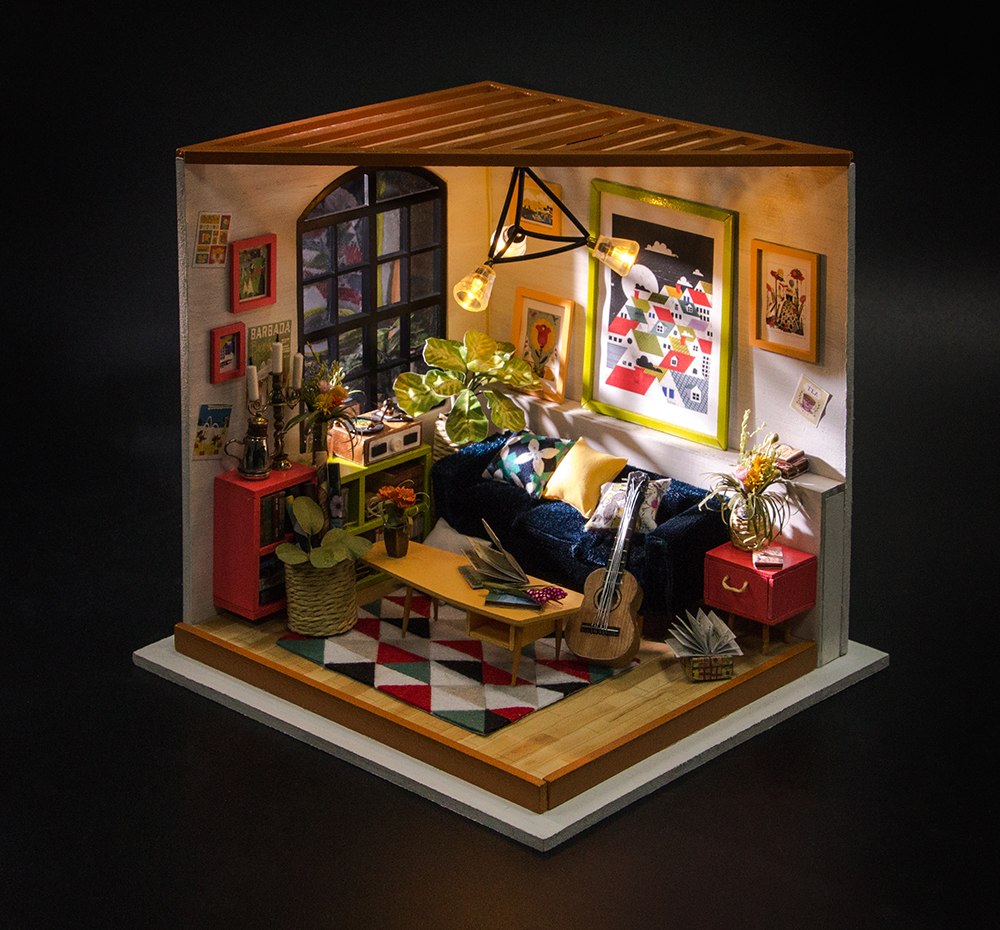 DIY Locus Sitting Room with Furniture Miniature Wooden Doll House DG106 by Woody Signs Co. - Handmade Crafted Unique Wooden Creative