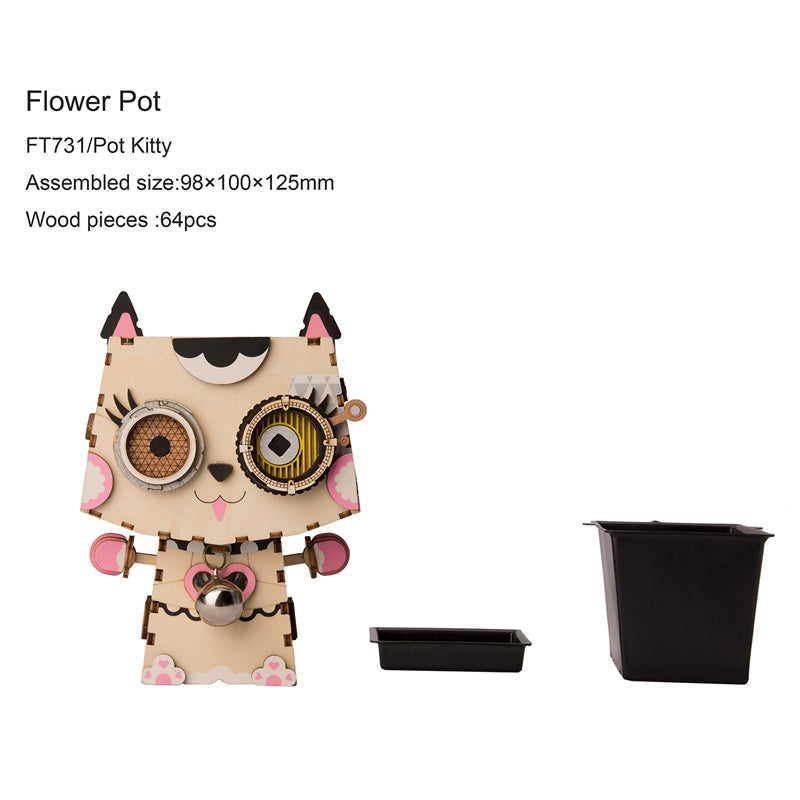 Children Adult Cute Kitty Flower Pot 3D Wooden Puzzle Game Educational Models FT731 (Pot Kitty) by Woody Signs Co. - Handmade Crafted Unique Wooden Creative