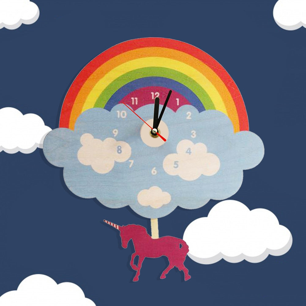 Rainbow Cloud Wall Clock With Swinging Unicorn Laser Cut Wooden Magical Unicorn Wall Clock Unicorn Bedroom Decor Pendulum Clock by Woody Signs Co. - Handmade Crafted Unique Wooden Creative