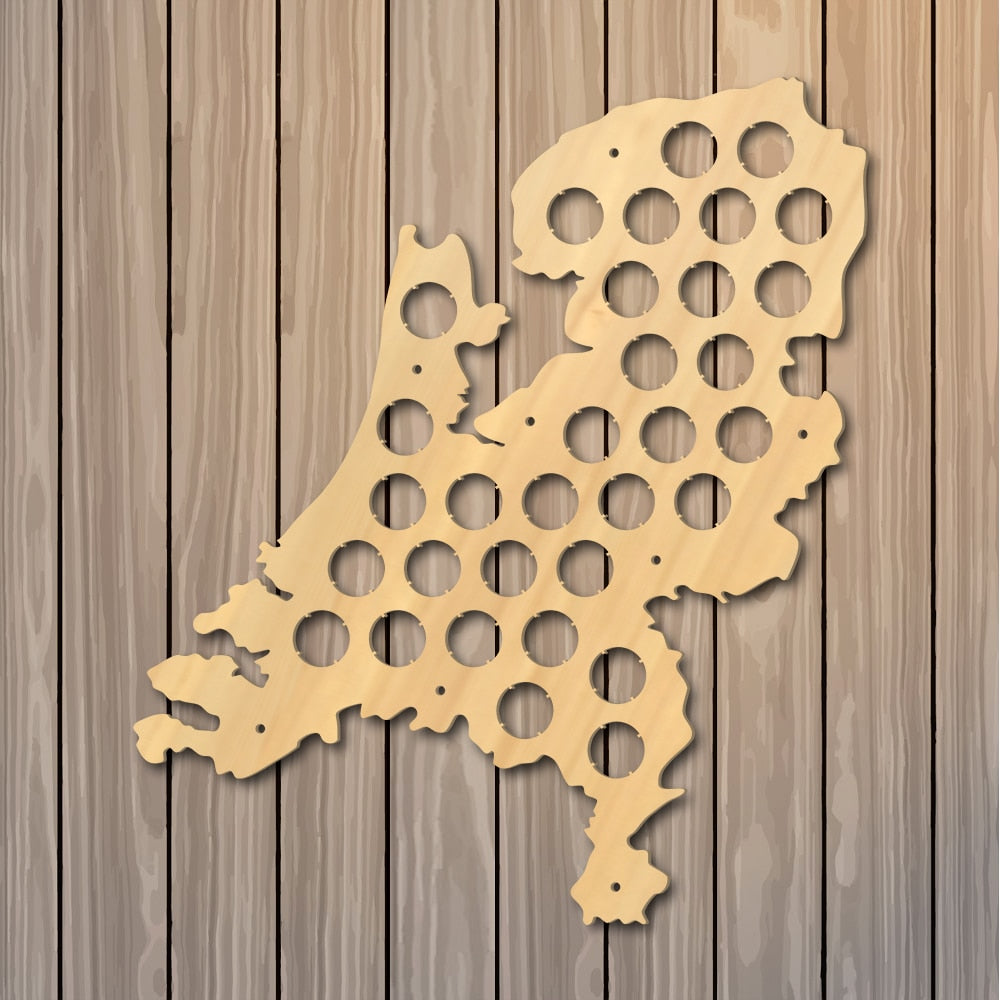 Netherlands Cap Map Patriotic Wooden Wall Sign Map Of Holland Bottle Cap Display Holder Dutch Man Cave Lover by Woody Signs Co. - Handmade Crafted Unique Wooden Creative