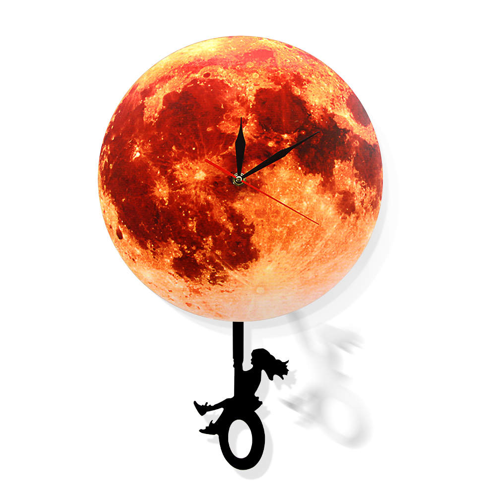 Golden Moon Pendulum Wall Clock Swinging on the Moon Space Galaxy Supermoon Full Moon Clock with Swinging Pendulum by Woody Signs Co. - Handmade Crafted Unique Wooden Creative