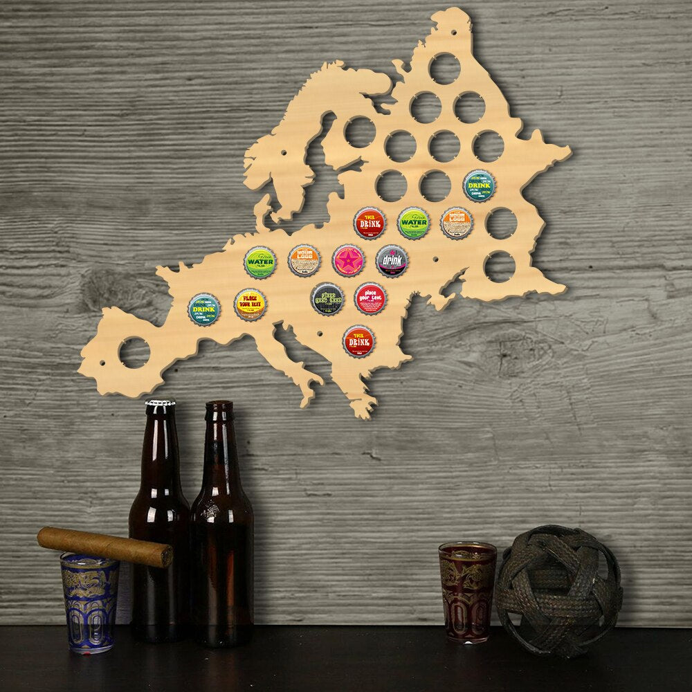 Pub Bar Wooden Wall Sign Bottle Cap Display Holder European Cap Map Wood Craft Artwork For Bottle Cap Collector by Woody Signs Co. - Handmade Crafted Unique Wooden Creative