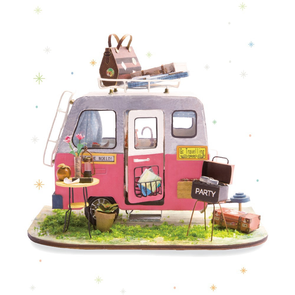 DIY Happy Camper with Furniture Miniature Wooden Doll House Model DGM04 by Woody Signs Co. - Handmade Crafted Unique Wooden Creative