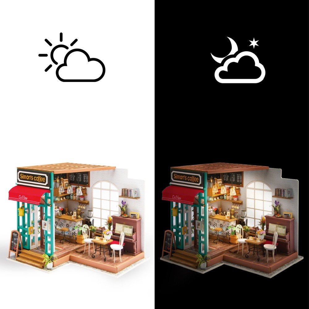 DIY Simon's Coffee with Furnitures Miniature Wooden Doll House Model DG109 by Woody Signs Co. - Handmade Crafted Unique Wooden Creative