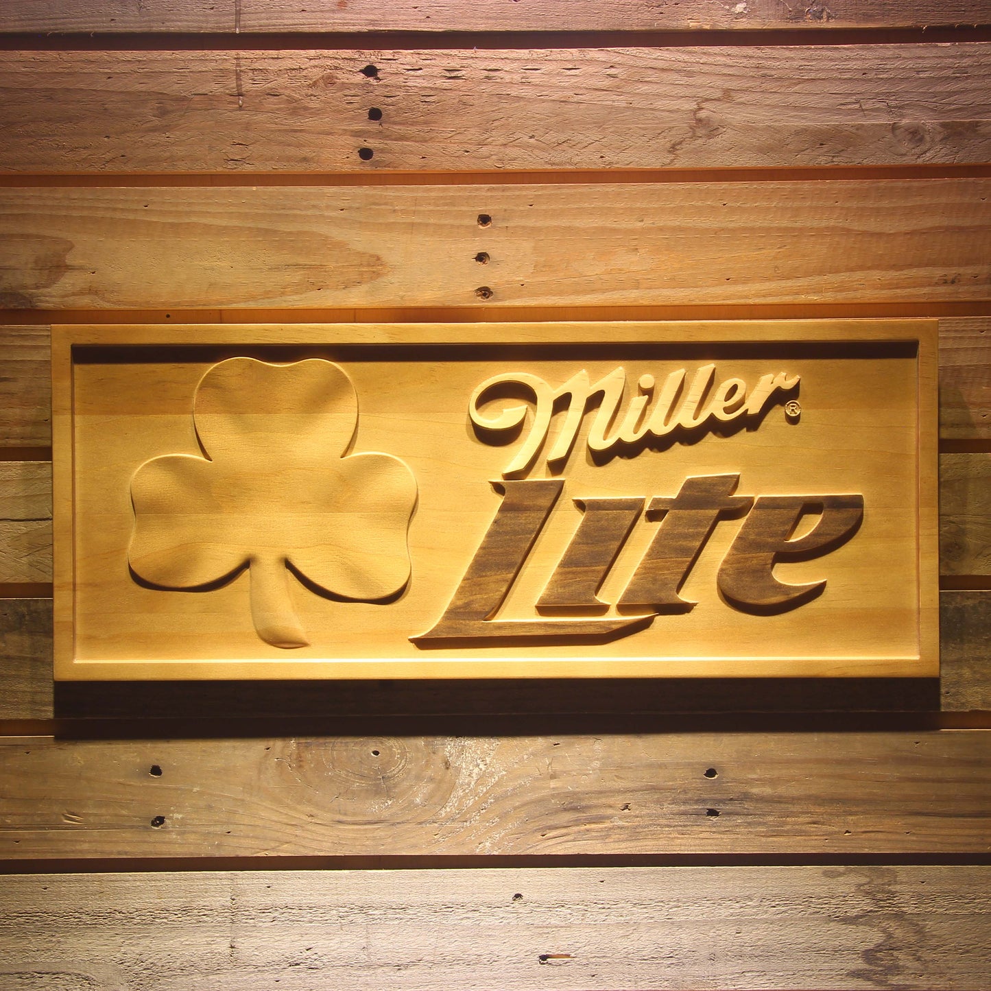 Miller Light Shamrock 3D Wooden Bar Signs by Woody Signs Co. - Handmade Crafted Unique Wooden Creative