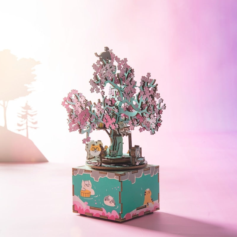 148pcs Rotatable DIY 3D Cherry Tree Cat Wooden Puzzle Game Assembly Music Box Toy Gift for Children Kids Adult AM409 by Woody Signs Co. - Handmade Crafted Unique Wooden Creative