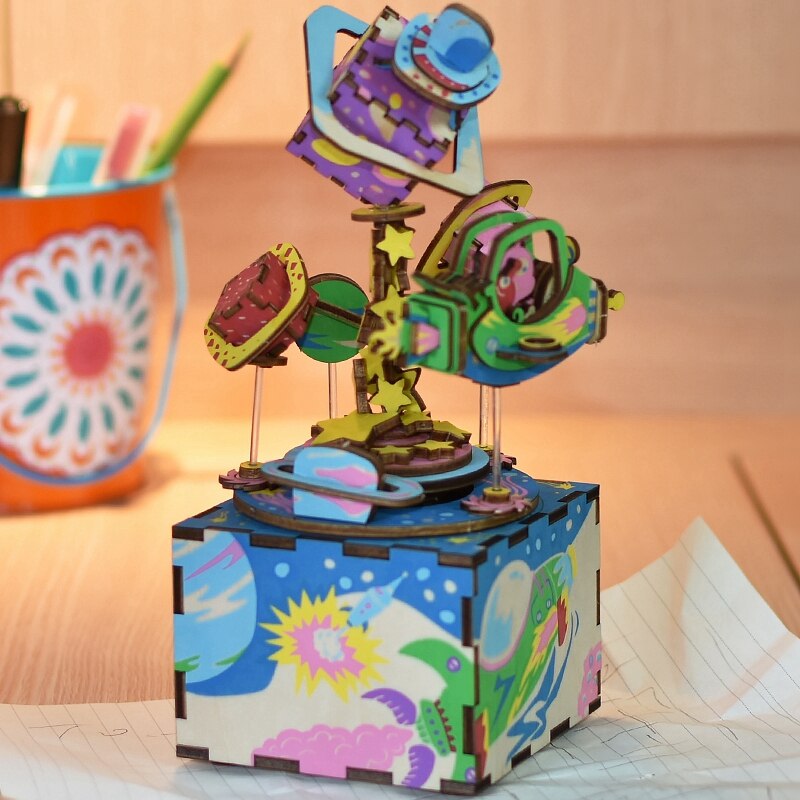 DIY Spaceship 3D Wooden Puzzle Game Assembly Rotatable Music Box Toy Gift for Children Adult AM403 by Woody Signs Co. - Handmade Crafted Unique Wooden Creative