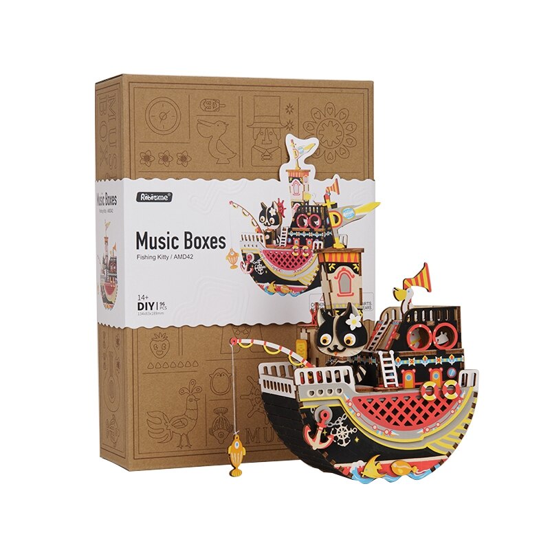 New Arrival DIY 3D Fishing Kitty Wooden Puzzle Game Assembly Moveable Music Box Toy Gift for Children Kids Adult AMD42 (Fishing Kitty) by Woody Signs Co. - Handmade Crafted Unique Wooden Creative