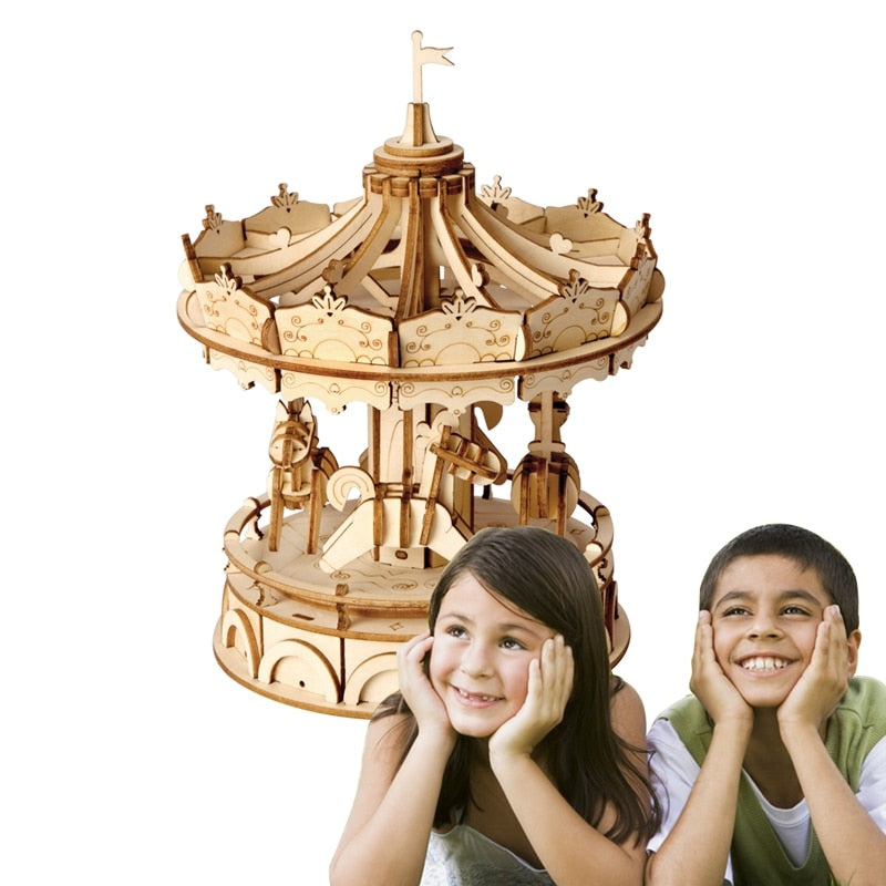 DIY 3D Wooden Merry-Go-Round Puzzle Game Gift for Kid Friend Nice Decor Popular TG404 by Woody Signs Co. - Handmade Crafted Unique Wooden Creative