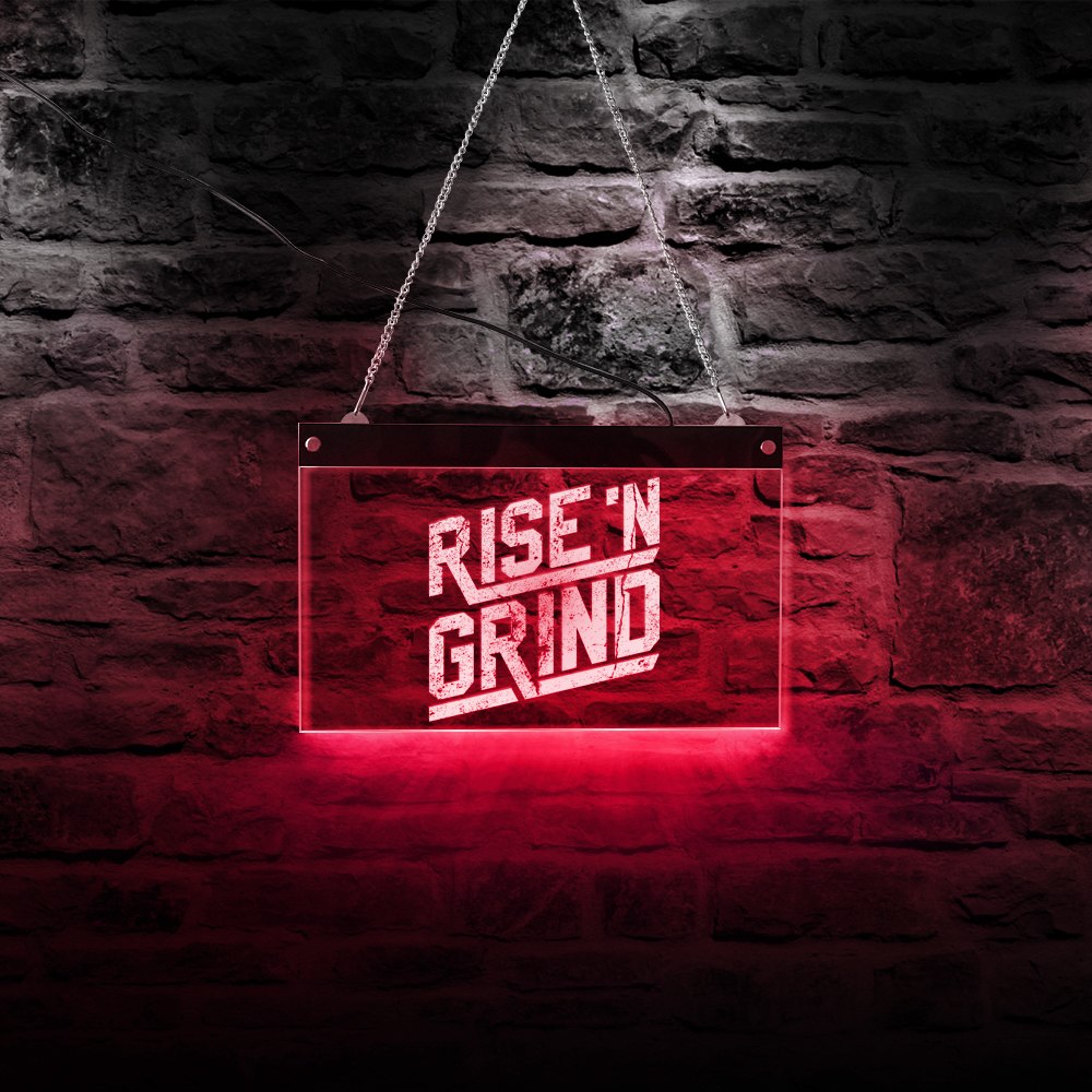 Rise and Grind Custom LED Neon Sign Personalised Inspirational Quote Lighting Lamp Workout Fitness GYM Coffee Bar Light by Woody Signs Co. - Handmade Crafted Unique Wooden Creative