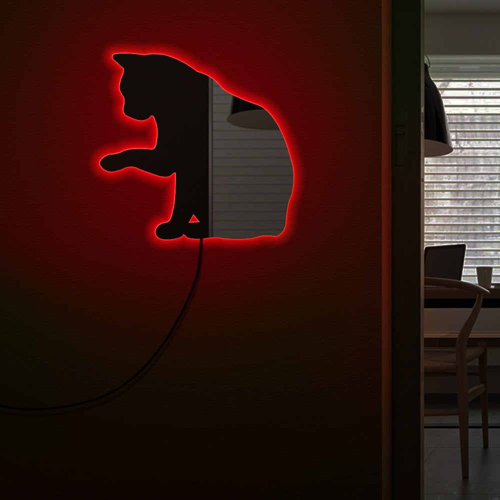 Relaxed Cat Wall Mirror With LED Blacklight Kitten Cat Sitting Silhouette Mirror Girl Room Fashion Kitty Lovers Gift by Woody Signs Co. - Handmade Crafted Unique Wooden Creative
