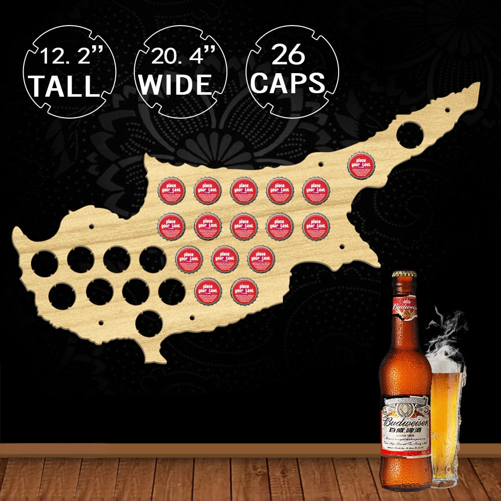 Cyprus Cap Map Wooden Craft Cap Display Wall Art Wood Lover Cap Collectors Gift Drink Up Cap Trap Hanger by Woody Signs Co. - Handmade Crafted Unique Wooden Creative