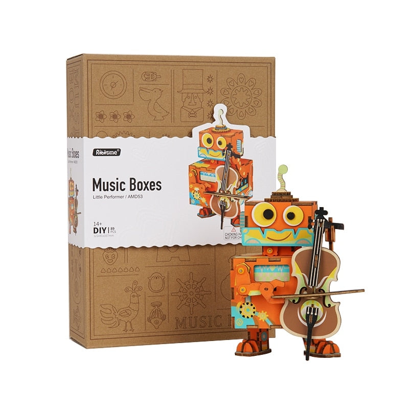 DIY 3D Little Robot Performer Wooden Puzzle Game Assembly Moveable Music Box Toy Gift for Children Kids Adult AMD53 by Woody Signs Co. - Handmade Crafted Unique Wooden Creative