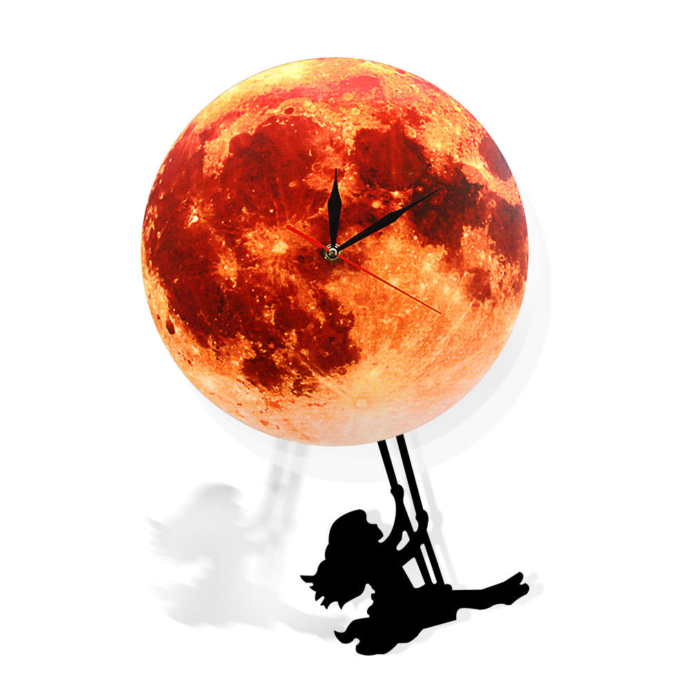 Golden Moon Pendulum Wall Clock Swinging on the Moon Space Galaxy Supermoon Full Moon Clock with Swinging Pendulum by Woody Signs Co. - Handmade Crafted Unique Wooden Creative