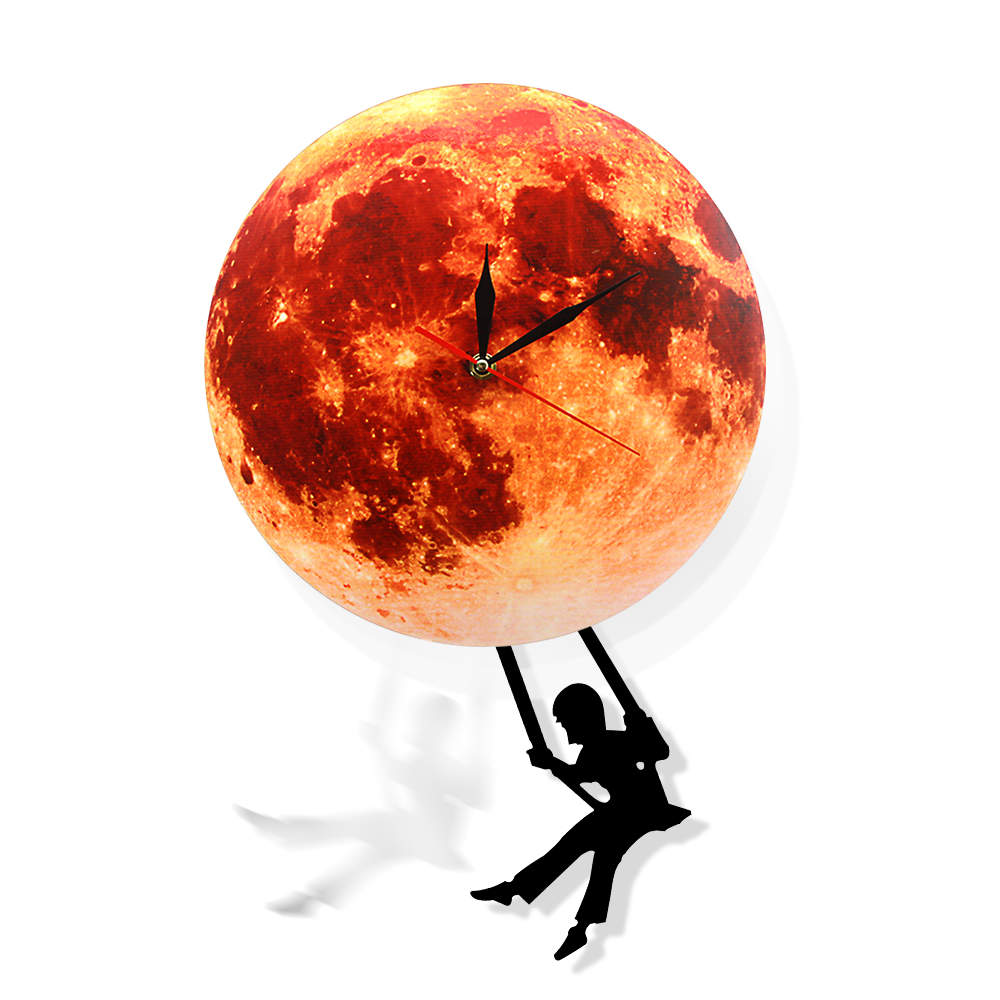 Golden Moon Pendulum Wall Clock Swinging on the Moon Space Galaxy Supermoon Full Moon Clock with Swinging Pendulum by Woody Signs Co. - Handmade Crafted Unique Wooden Creative